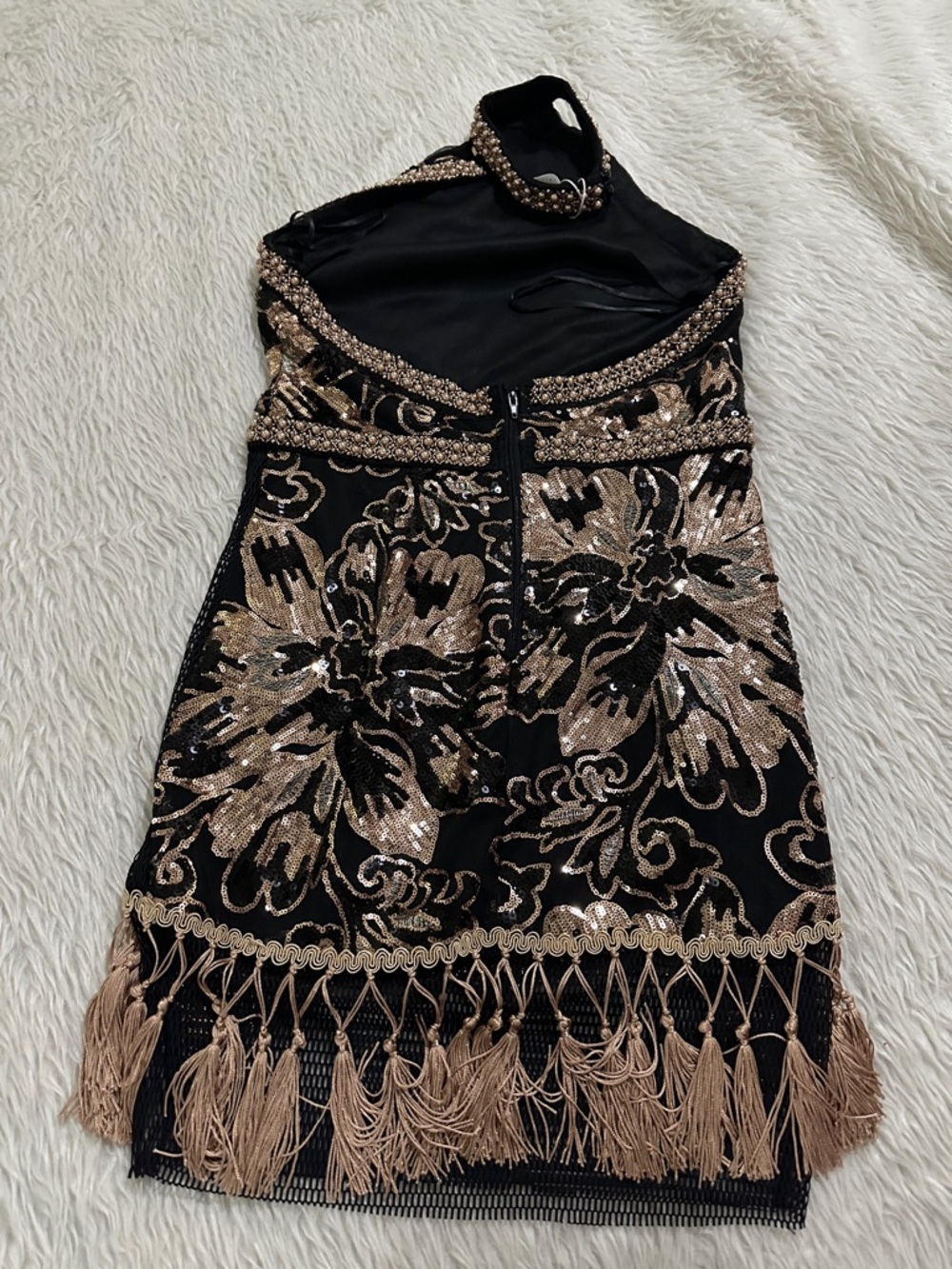 12th Tribe Black and Gold Embellished Halter Fringe Dress - Picture 8 of 10